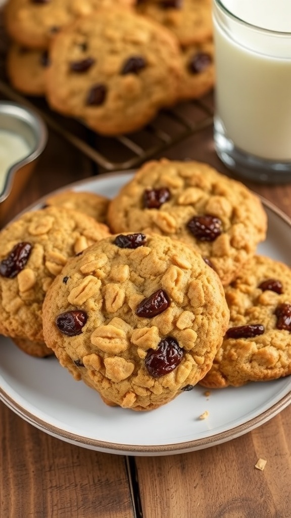 Classic Oatmeal Raisin Cookies Recipe A plate of golden brown oatmeal raisin cookies with raisins and a glass of milk on a wooden table.